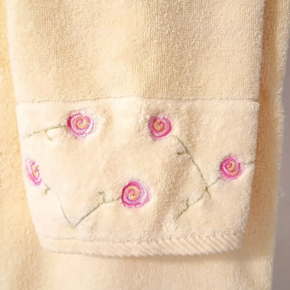 Vintage Turkish Cotton Towels Yellow Pink Embroidered Roses 2 Bath 1 Hand EUC